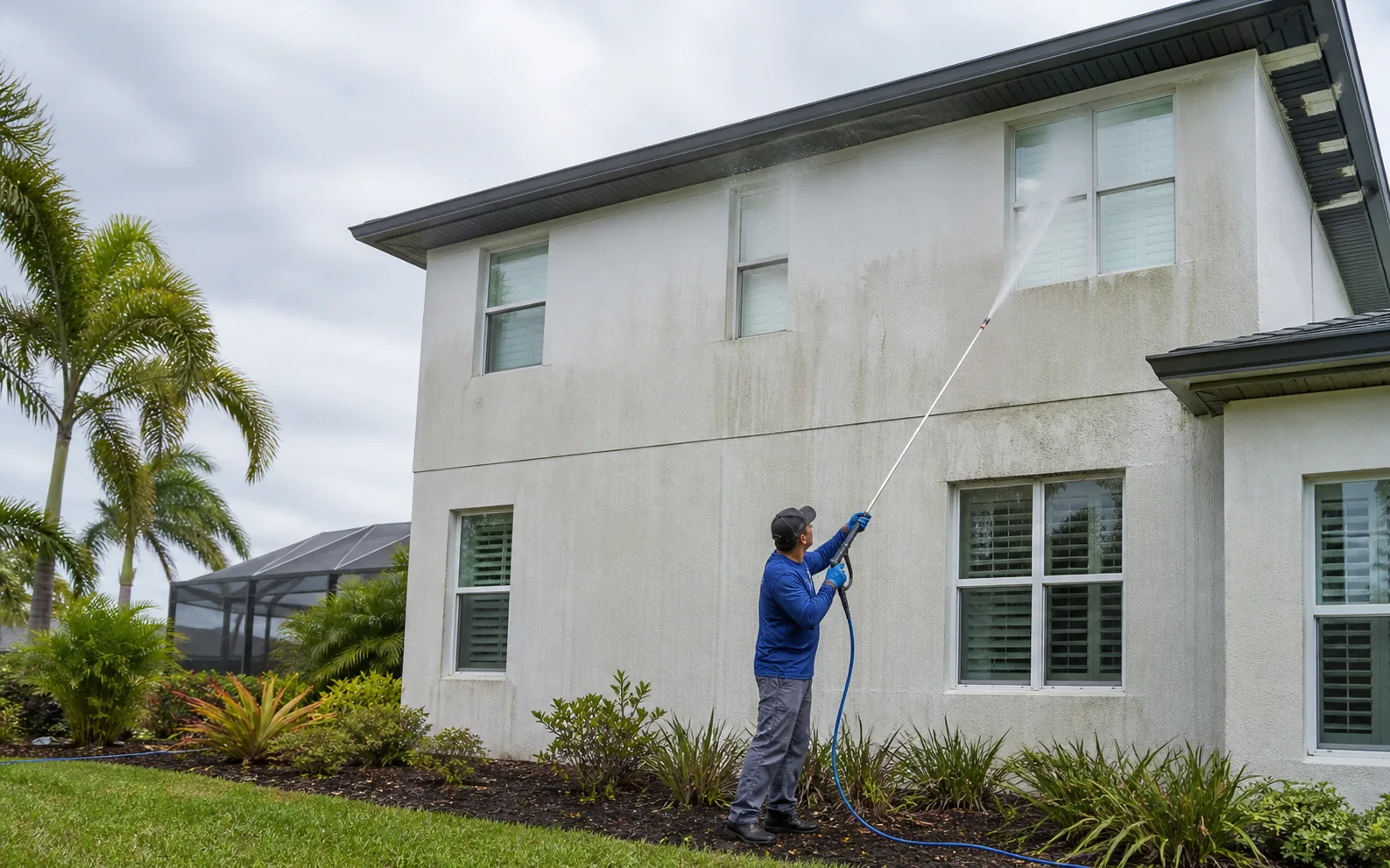 Low-pressure exterior washing on a two-story Florida stucco home