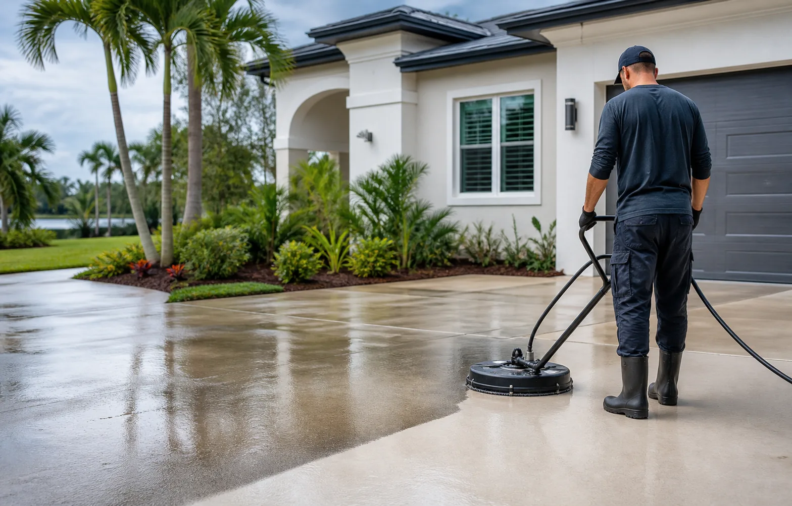 Pressure washing a concrete driveway at a Bradenton-area home